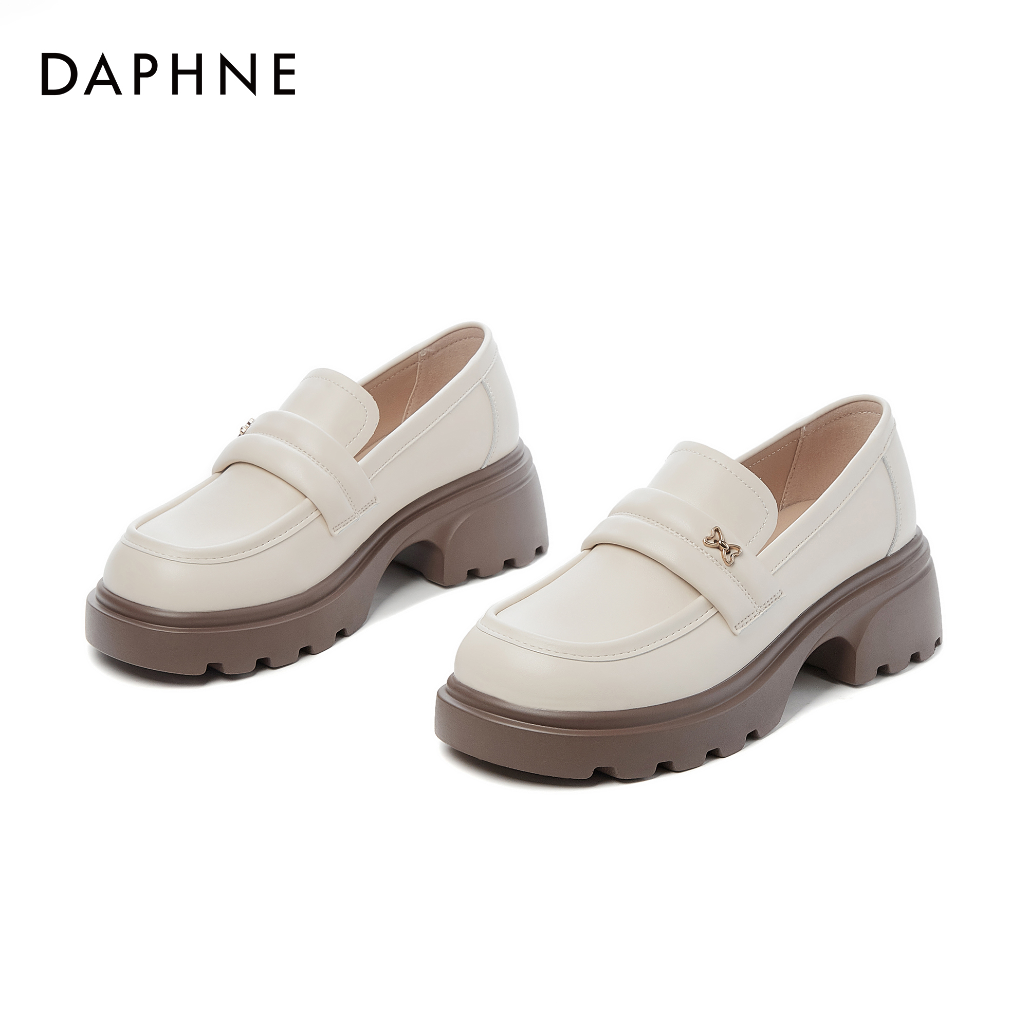 达芙妮女式春秋休闲粗跟时尚百搭仙女英伦风法式圆头一脚蹬乐福鞋