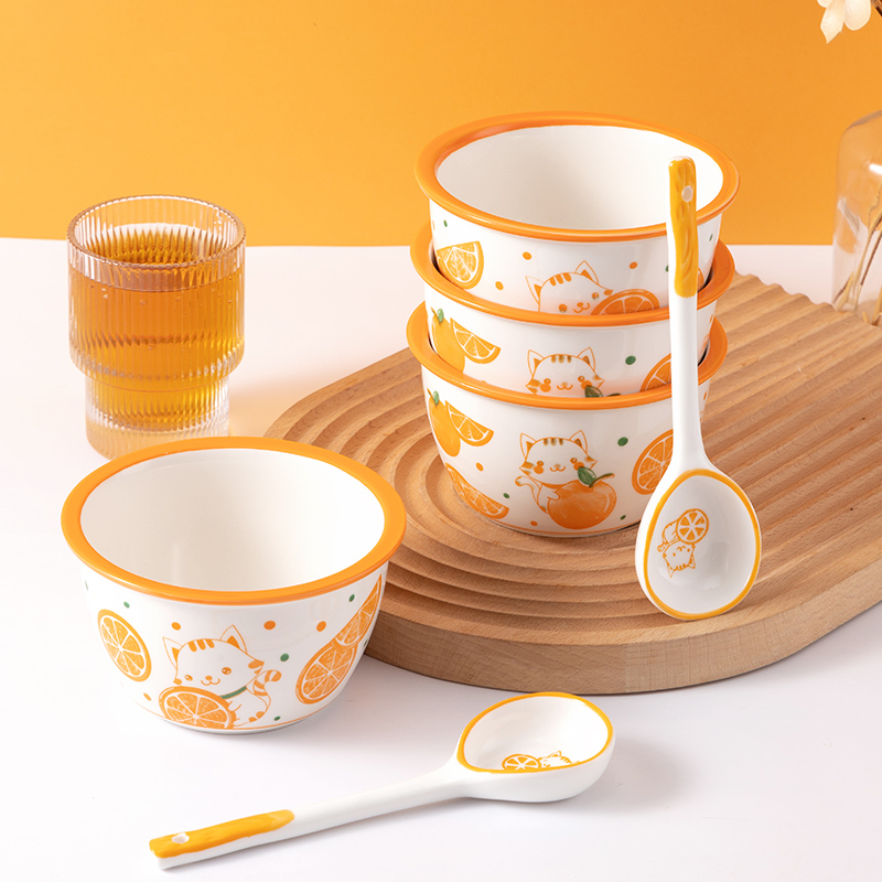 【4件套】大橘大利- 4.5英寸米饭碗*2个+汤勺*2个 碗勺套装家用