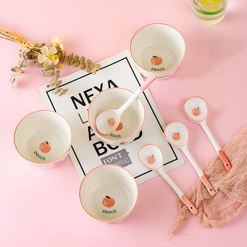 （2碗2勺）家用碗勺水蜜桃碗创网红可爱碗勺餐具组合陶瓷米饭碗具