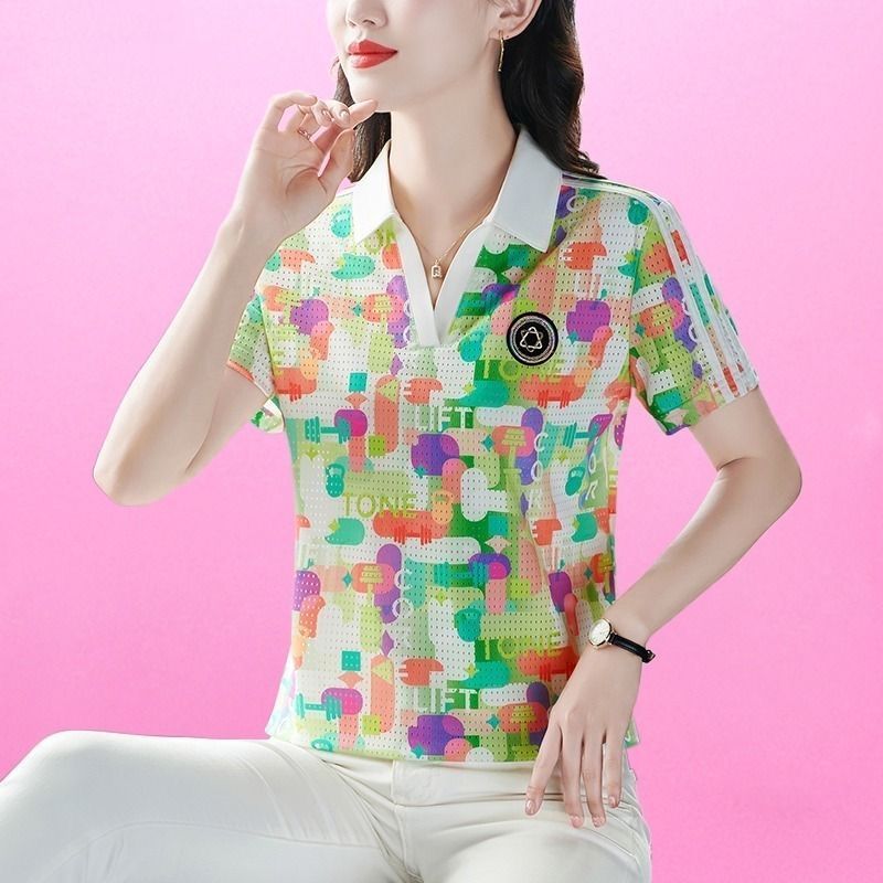 836绿色时尚清新短袖t恤女夏气质减龄polo衫翻领百搭印花上衣