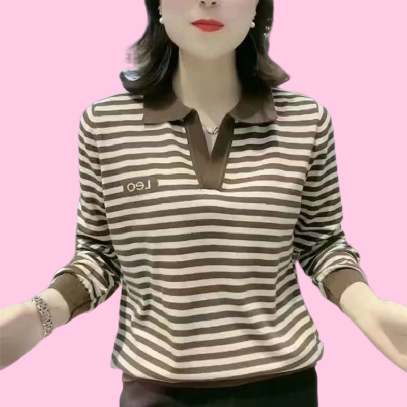 2025春季时尚妈妈装新款大码女装长袖上衣中年条纹显瘦减龄Polo衫