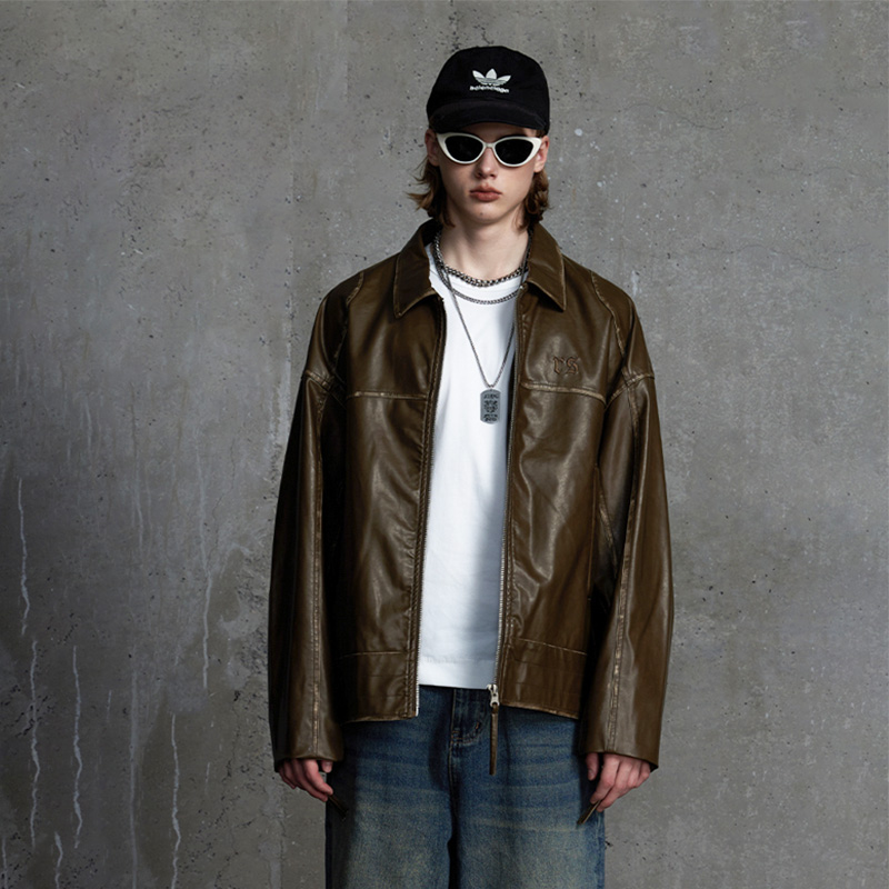 潮流秋冬新款宽松翻领休闲男外套时尚百搭短款男士立领pu皮夹克