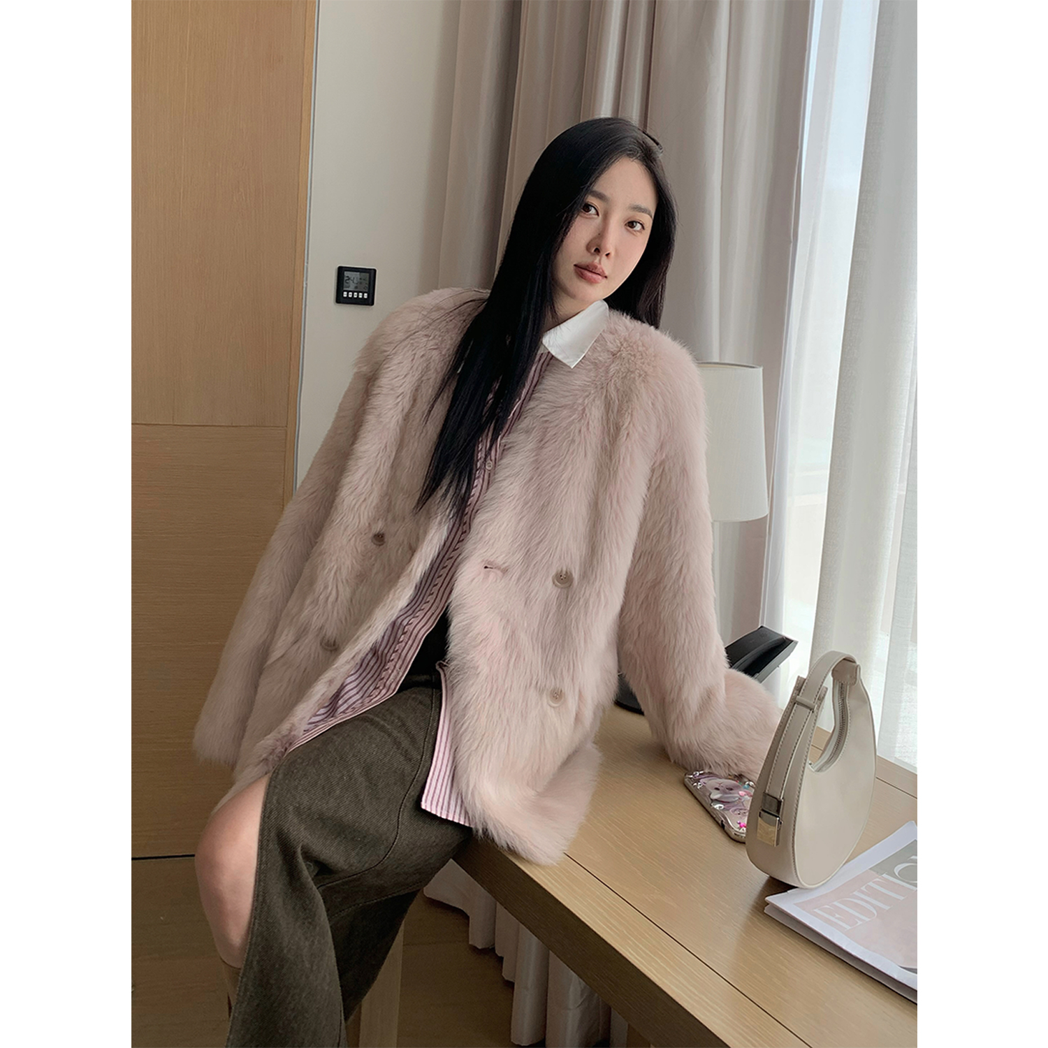 付智恩维纳斯之舞 休闲慵懒双排扣进口托斯卡纳皮毛一体皮草外套