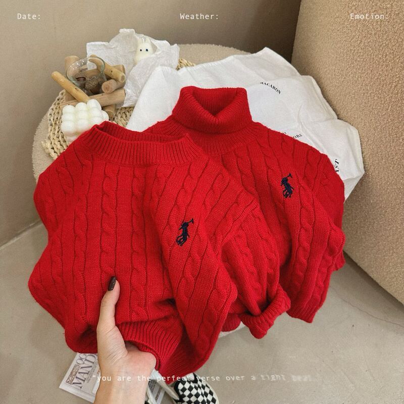 男童女童红色毛衣厚款秋冬儿童保暖洋气拜年服新款过年服针织衫潮