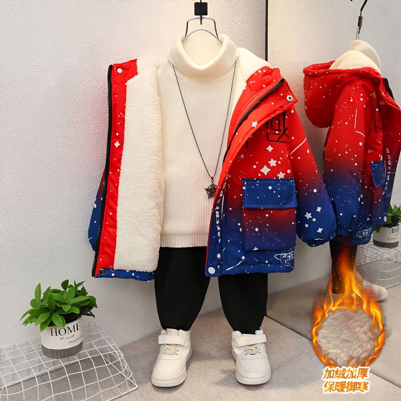 男童外套冬季加绒加厚派克服2024新款宝宝儿童时髦棉衣帅气潮服