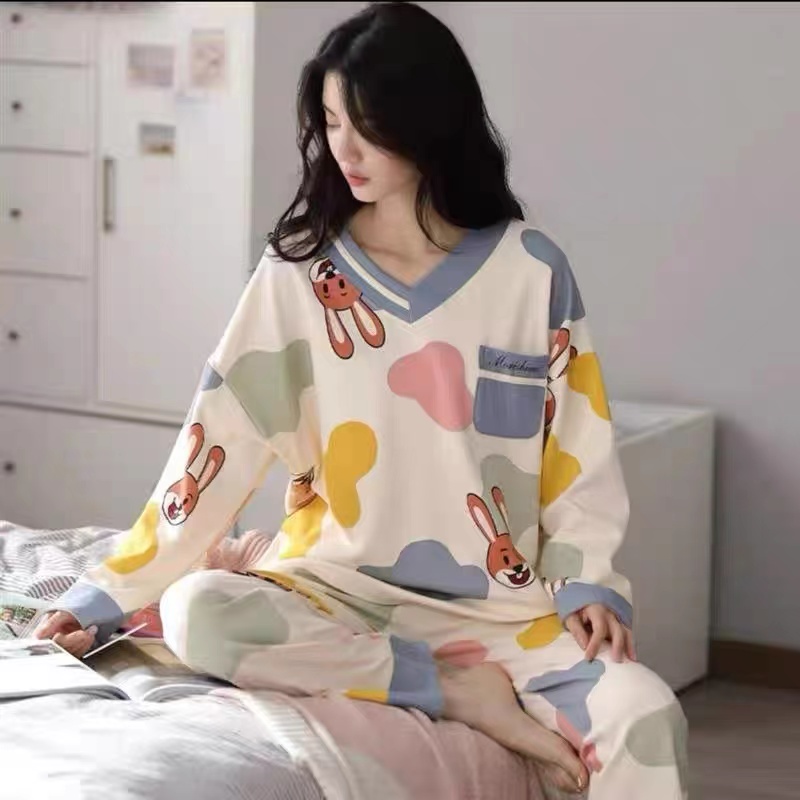 春秋季新款长袖长裤睡衣女可外穿V领休闲套装云朵兔