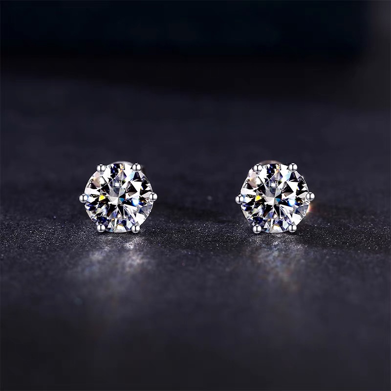925银莫桑石银制品 【六爪耳钉】S925纯银莫桑石时尚气质六爪耳钉