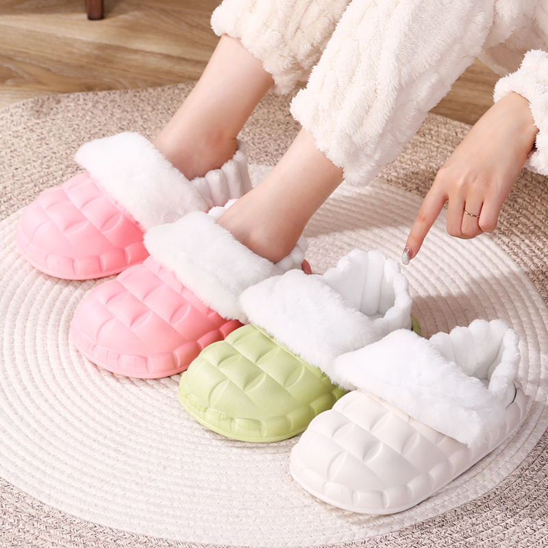 时尚防水防滑棉拖鞋秋冬季居家厚底保暖包跟情侣加绒外穿轻便拖鞋