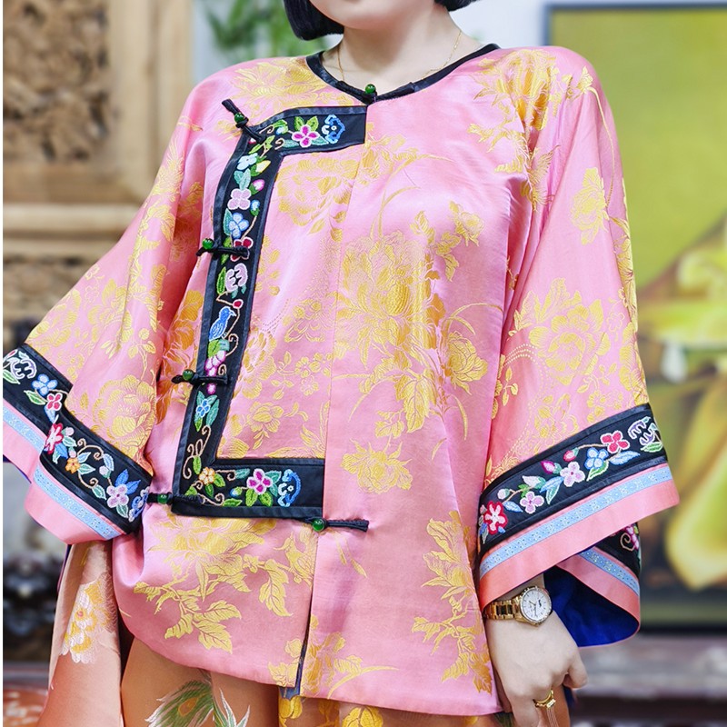默默的绣中式夹层琵琶襟民族风打籽绣老软缎上衣