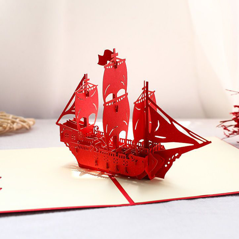 红色帆船立体贺卡创意手工纸雕一帆风顺手写祝福留言卡精致高级感