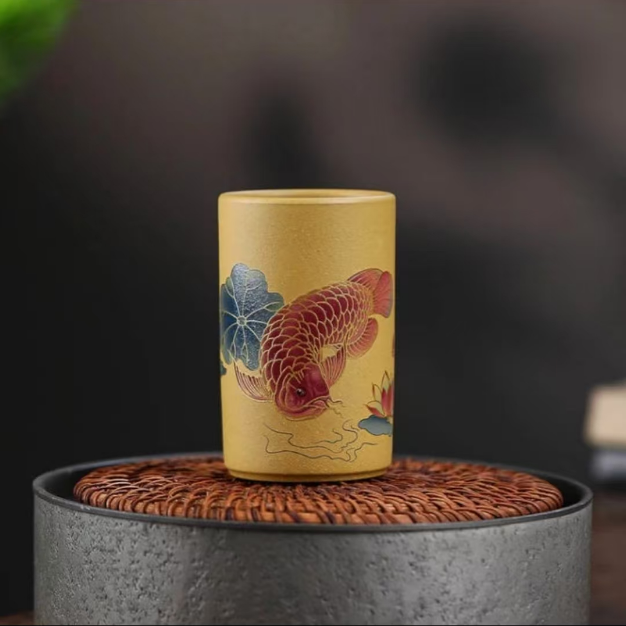 天宫赐壶 黄金段金鱼直桶主人杯全手工精美纯手工高档手绘竹节杯