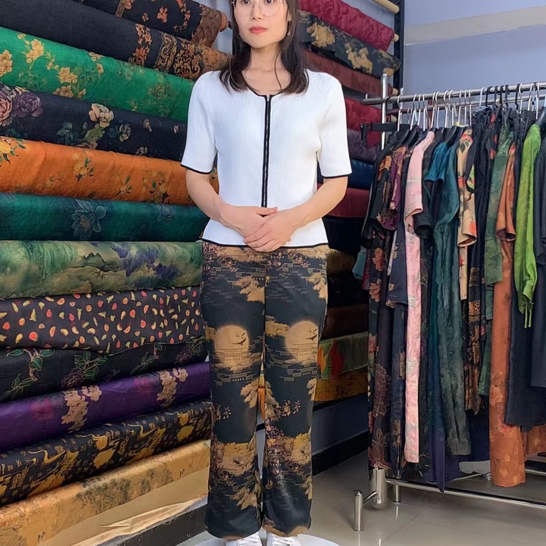 纯真丝 桑蚕丝 重缎香云纱 皮料直筒裤  中式 春江花月夜香云纱