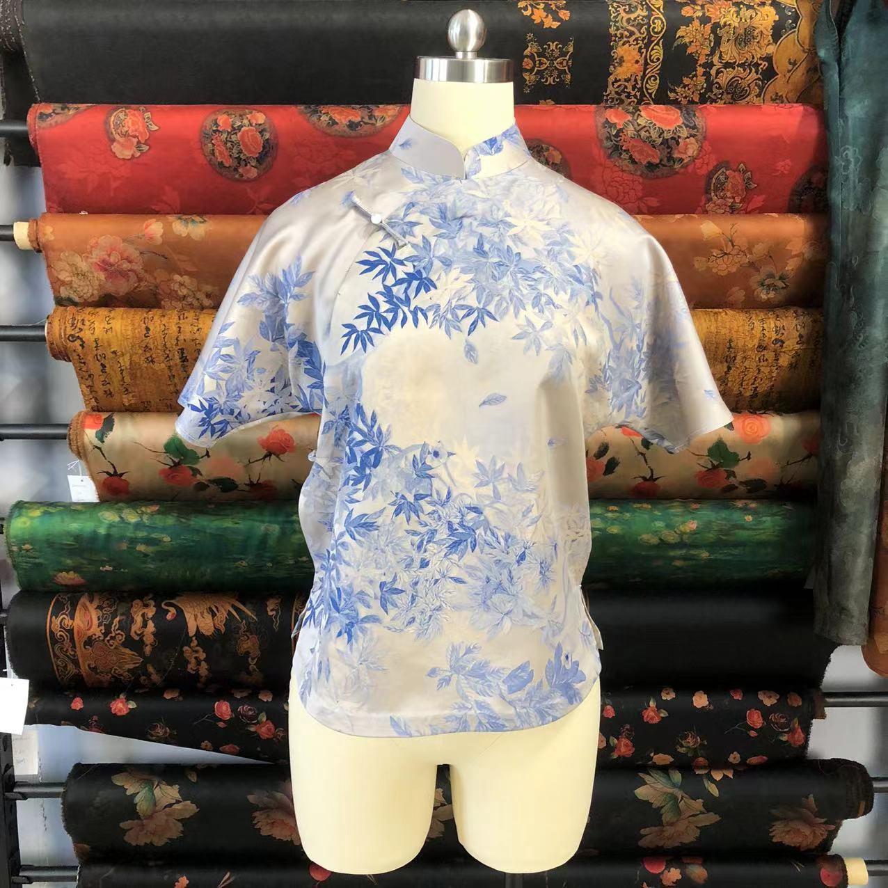 纯真丝桑蚕丝 杭锦 提花浅过薯莨 真丝汉服 复古印花小衫