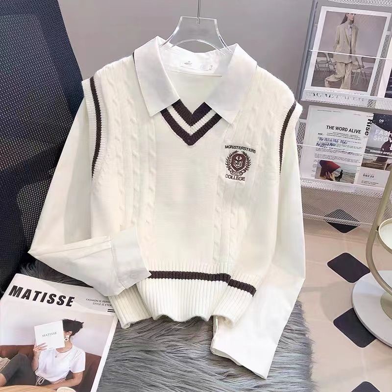 学院风套装女2023早春新款学生韩版宽松长袖衬衫+针织马甲两件套