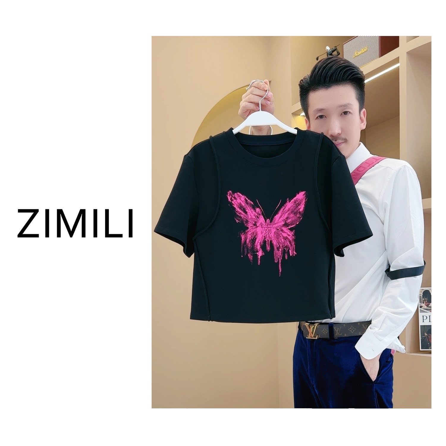 【LIANG哥女装】2025欧货蝴蝶印花短袖喷绘工艺时尚圆领T袖/3323