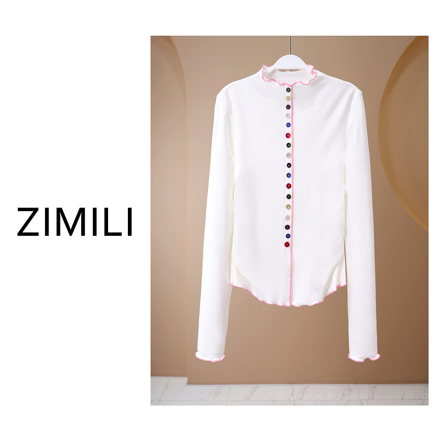 【LIANG哥女装】时髦《自带温柔属性》粉白木耳边设计高弹上衣5361