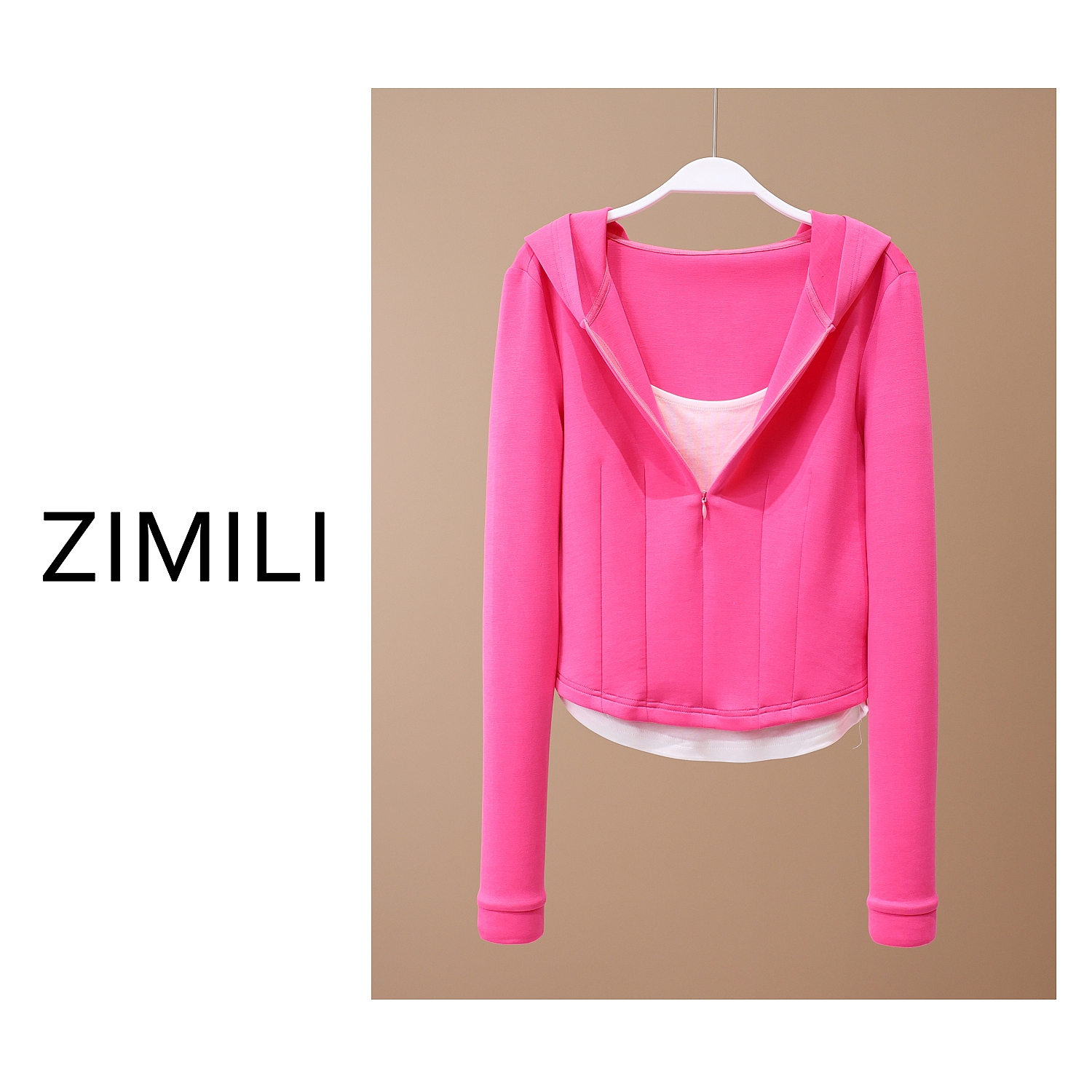 【LIANG哥女装】2025《洋红色•撞色假两件》 精致感欧版连帽上衣5325