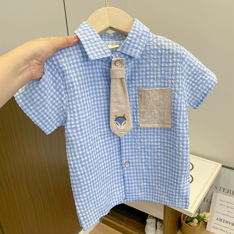 小童夏季短袖套装男宝宝帅气格子领带两件套C642