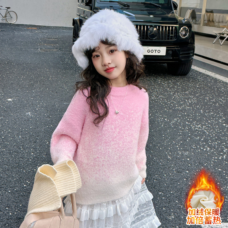 水貂绒毛衣儿童女宝宝2023秋冬新款加厚绒毛渐变色女童针织打底衫
