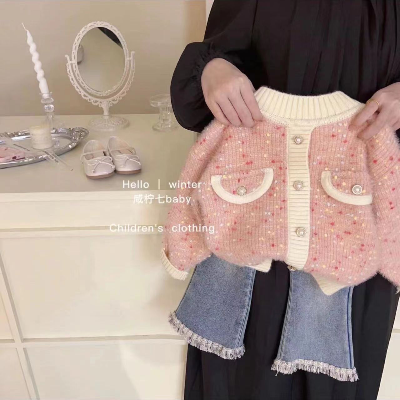 女童毛衣加厚新款小香风套头儿童洋气甜美针织衫牛仔加绒套装小童