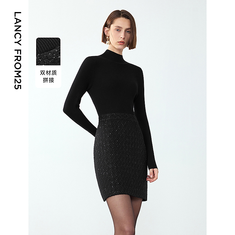 朗姿年冬季新款法式设计感半高领气质显瘦针织连衣裙修欧若风