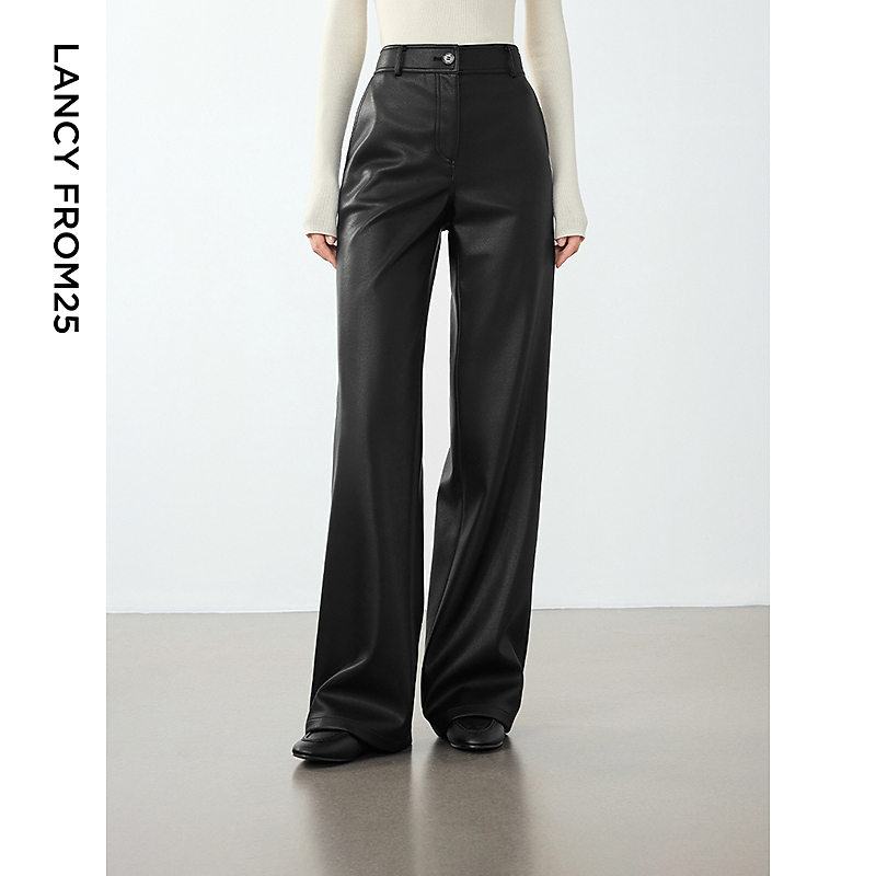 朗姿复古摩登直筒气质通勤高级感加绒皮裤女冬季新款西装裤