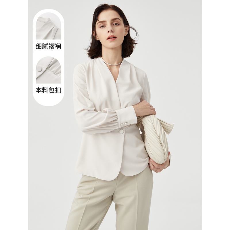 新款朗姿新品法式气质V领白色衬衫衬衣女上衣小众欧若风
