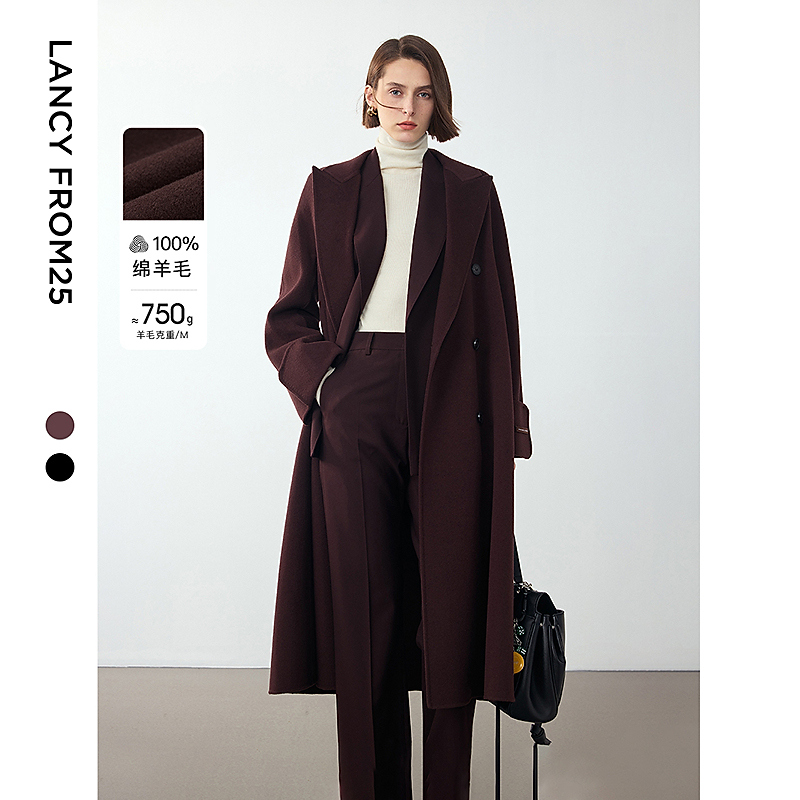 朗姿纯羊毛高级感气质双面呢大衣外套女冬季新款通勤毛呢外套