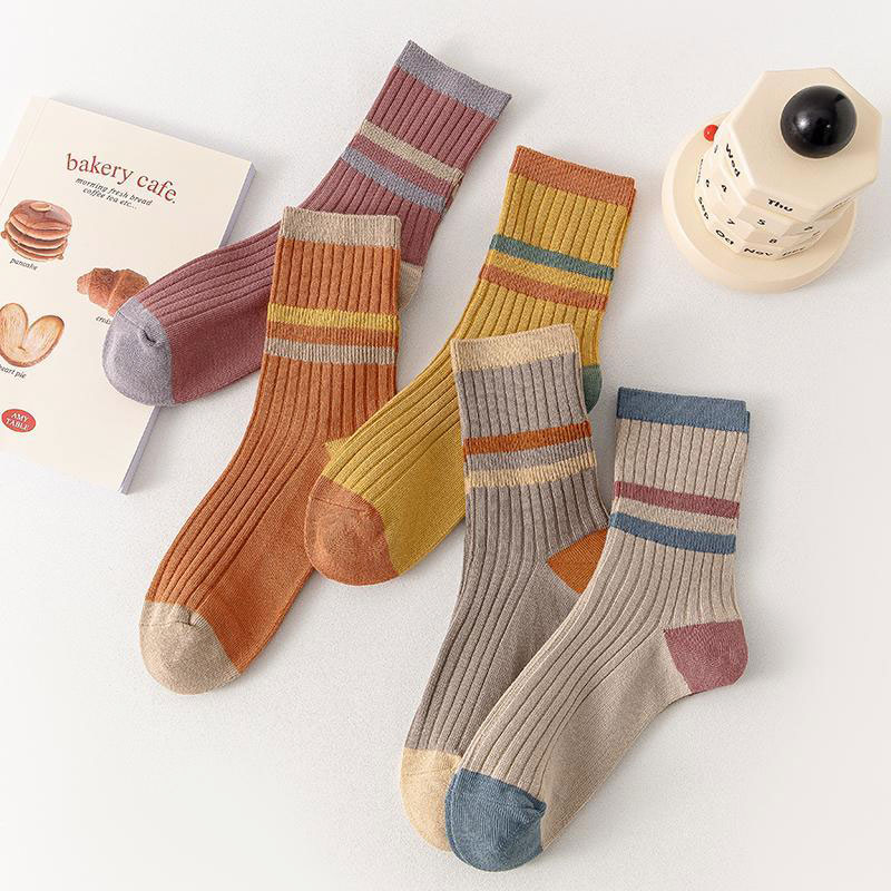 （新店冲量6.8元5双）袜子女士秋冬季中筒袜韩版时尚条纹百搭长筒袜