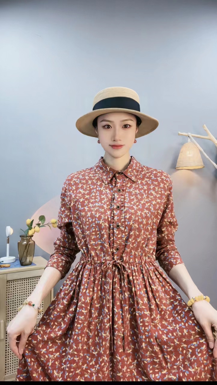 春款衬衫领磨毛棉小花碎花连衣裙修身时尚显瘦夏季长袖女士复古