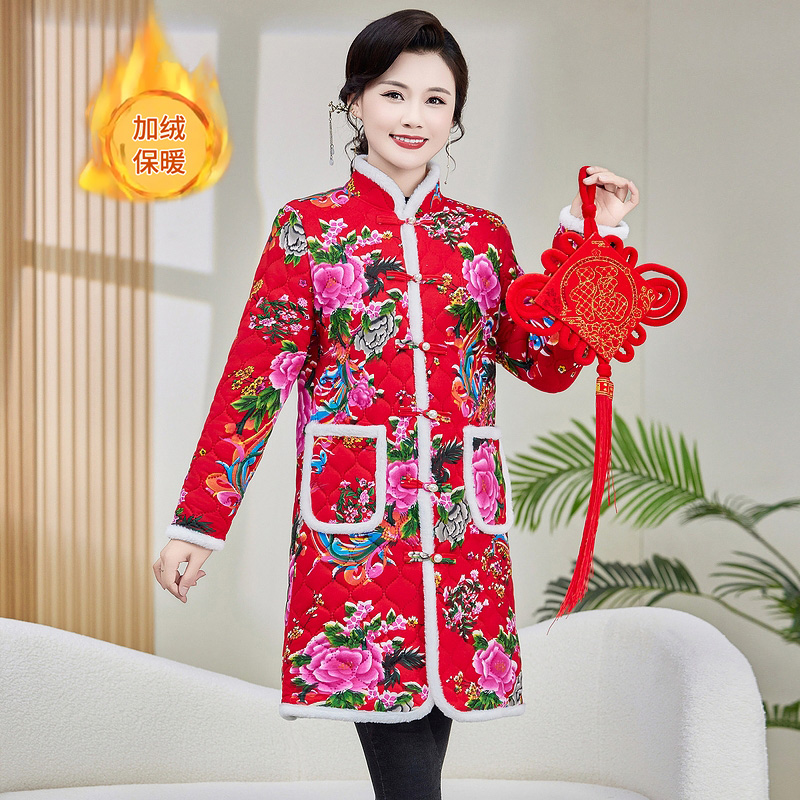 中长款东北大花棉袄女民族风加绒保暖妈妈装保暖外套风衣演出衣服