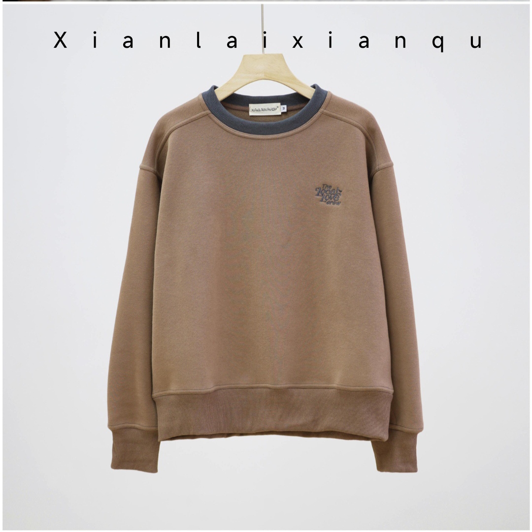 秋冬新款加绒加厚简约圆领宽松时尚长袖潮流卫衣上衣女领子撞色