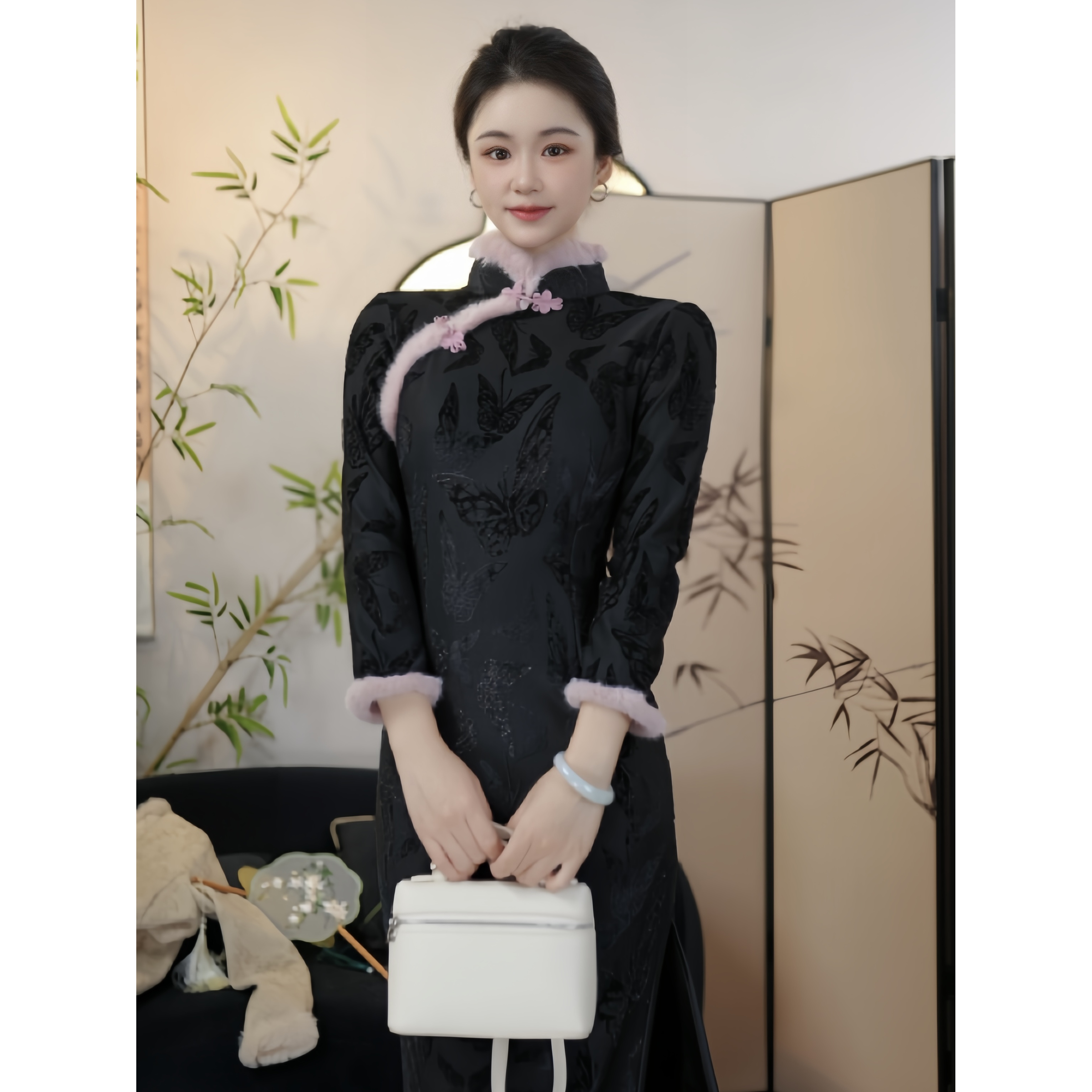 叁水旗袍《朋游蝶梦》秋冬新款黑色旗袍年轻款少女24新款复古中国风