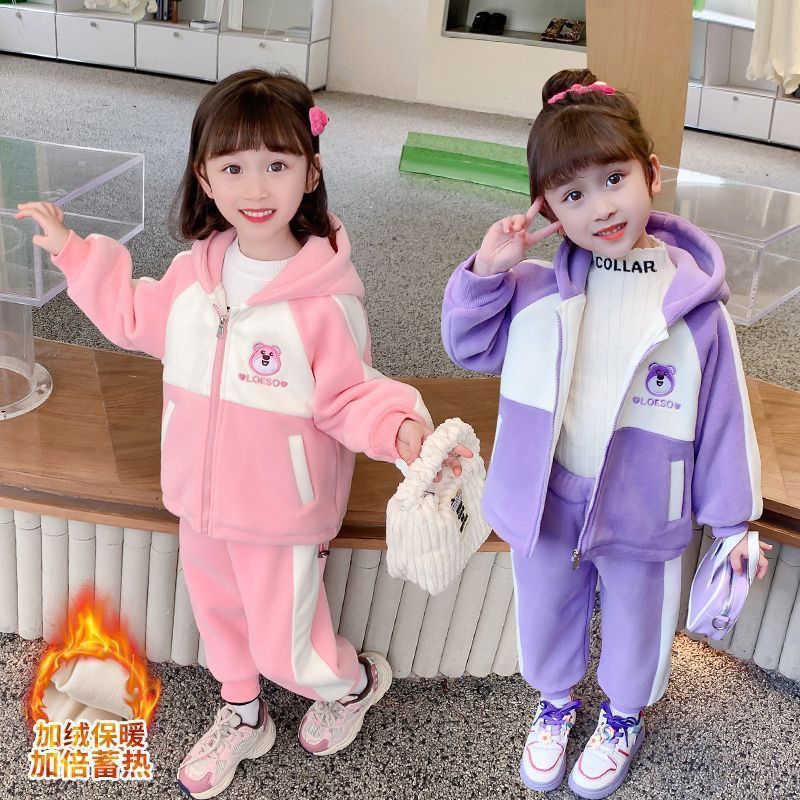 女童秋冬季刺绣加绒套装2024新款中小童装加厚外套卡通运动两件套