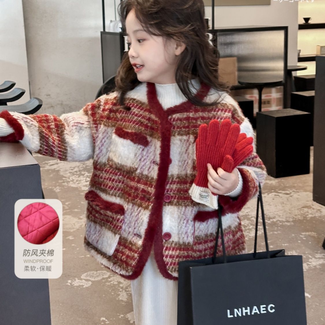 女童冬加厚小香风外套中大童复古洋气夹棉保暖毛呢红色格子外套mm