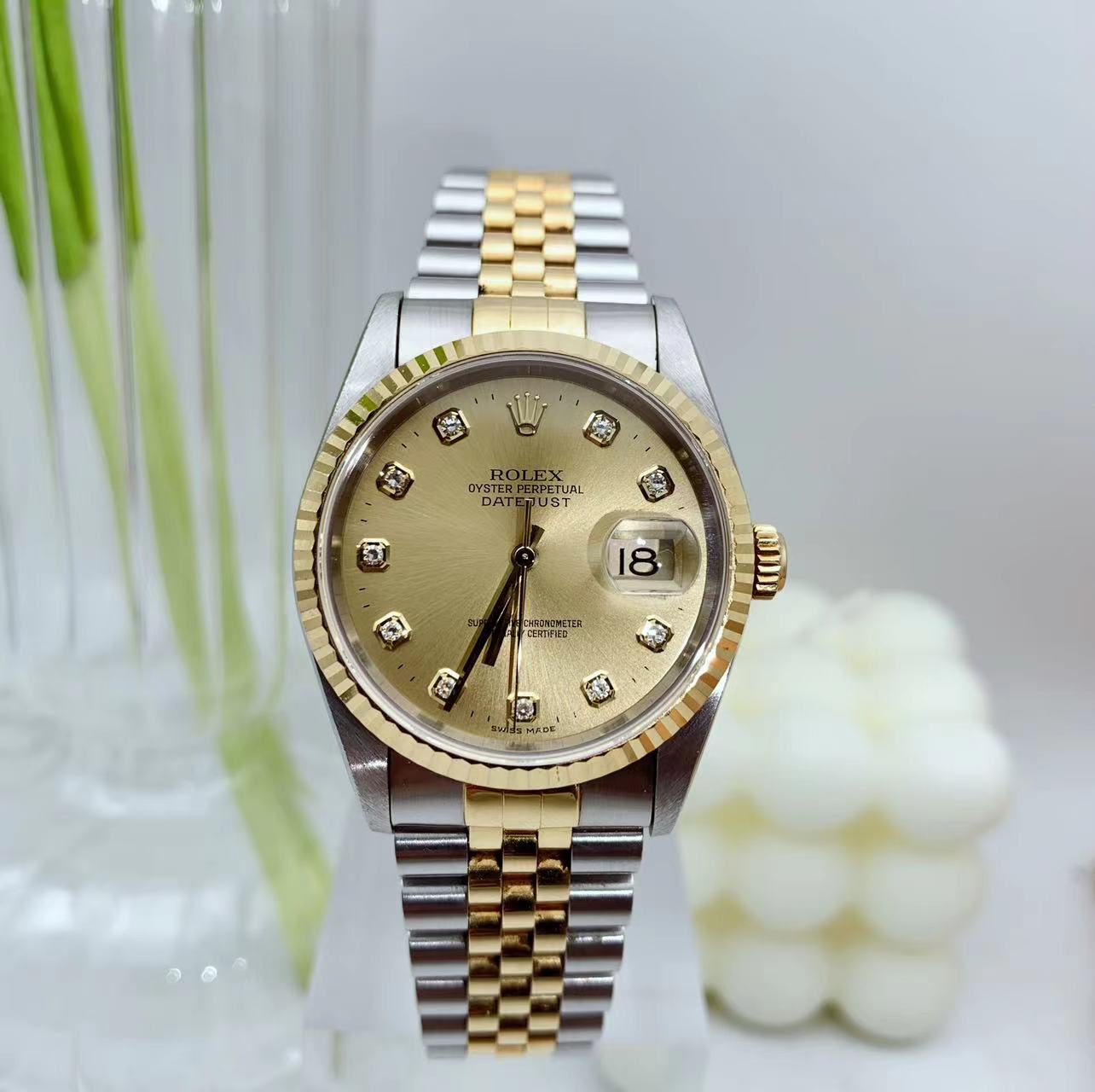 99新 Rolex/劳力士 日志16233香槟金原镶钻大钻36盘单表自动机械