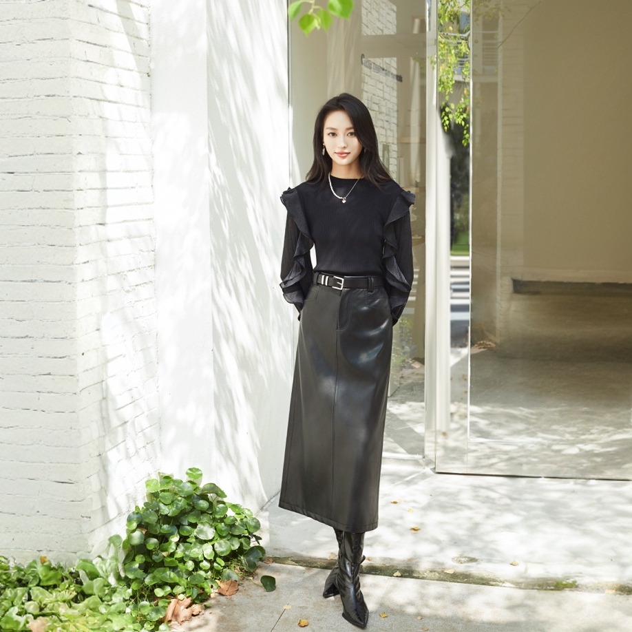 黑色高腰皮裙时尚修身显瘦