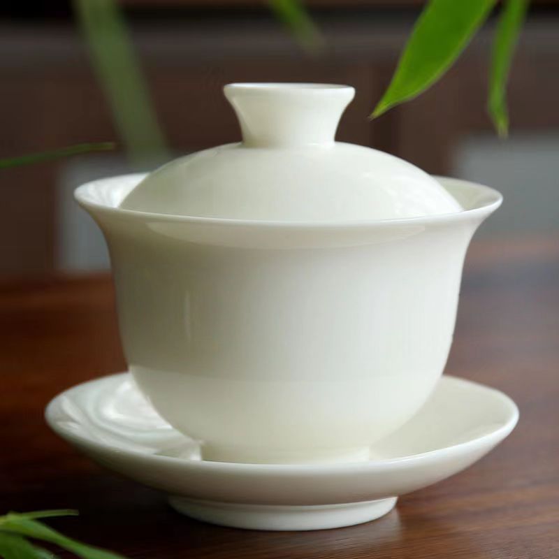 羊脂玉瓷白瓷陶瓷三才盖碗敬茶碗茶杯茶具纯白泡茶杯功夫茶具