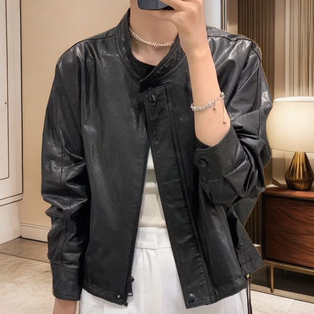 2024女时尚真皮皮衣爆款皮衣外套宽松立领春秋韩版短款绵羊皮休闲