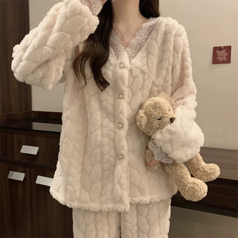 小香风睡衣女秋冬款加厚加绒珊瑚绒V领蕾丝花边ins网红家居服套装