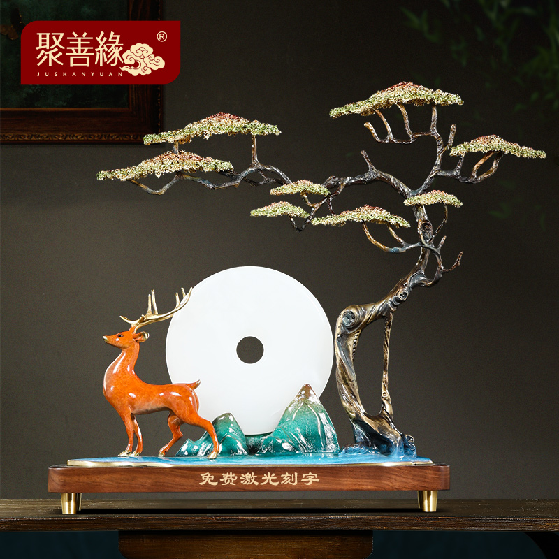 月下松鹿铜鹿摆件招财玉石平安扣客厅创意玄关大气装饰品乔迁礼物