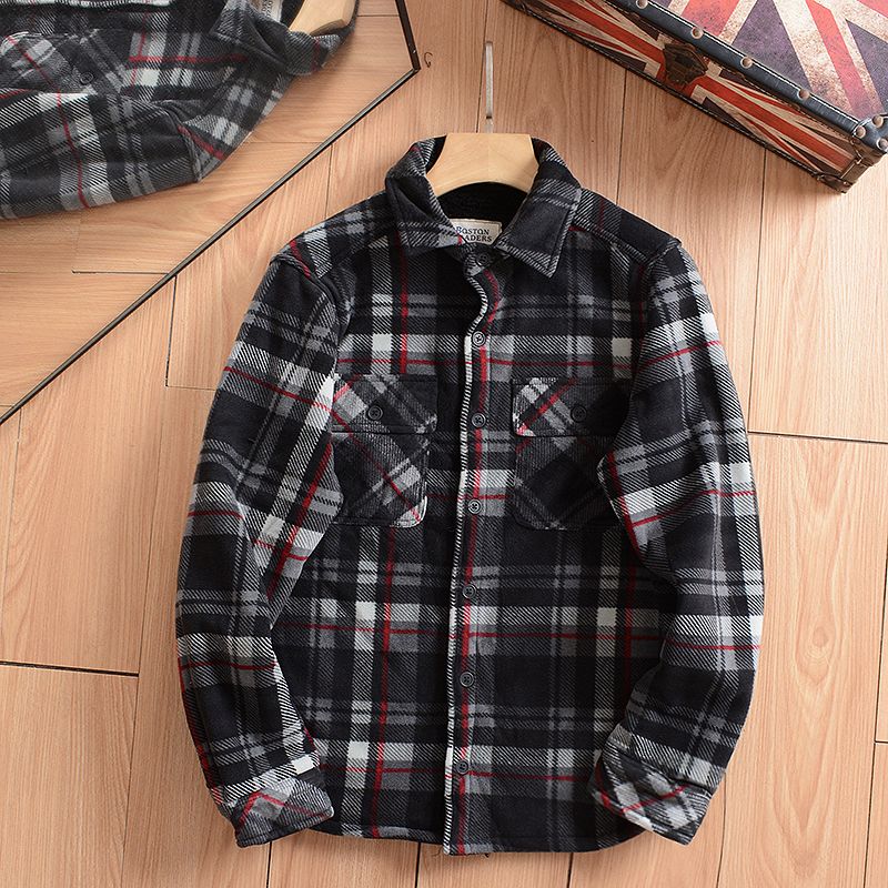 【欧美单!有大码!加绒加厚】外贸冬季男士羊羔绒格子衬衫衣潮H