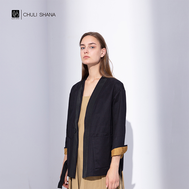 CHULI SHANA节奏无领上衣外套长袖女士夏季短款外套黑色