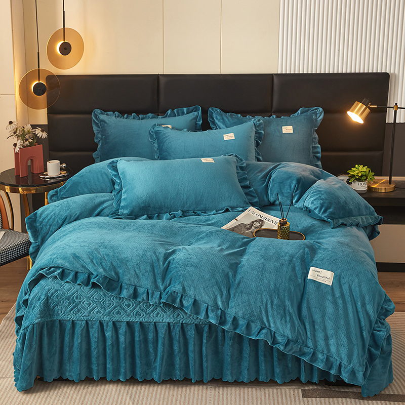 韩版被套床盖双面绒三件套加绒加厚保暖牛奶绒防滑床裙床盖四件套