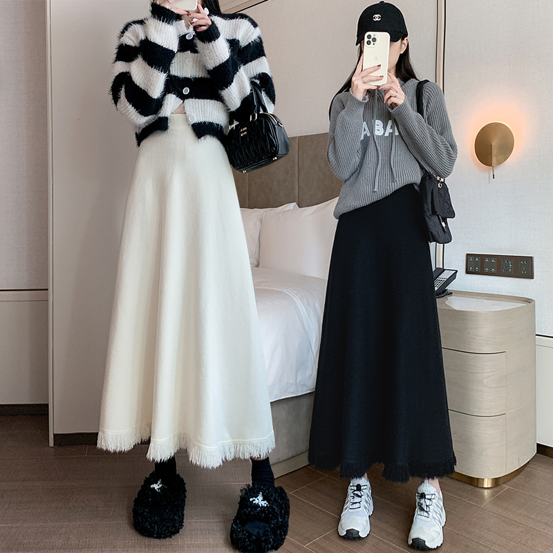 厚款针织半身裙女秋冬新款垂感大摆伞裙显瘦高腰中长款A字裙百搭