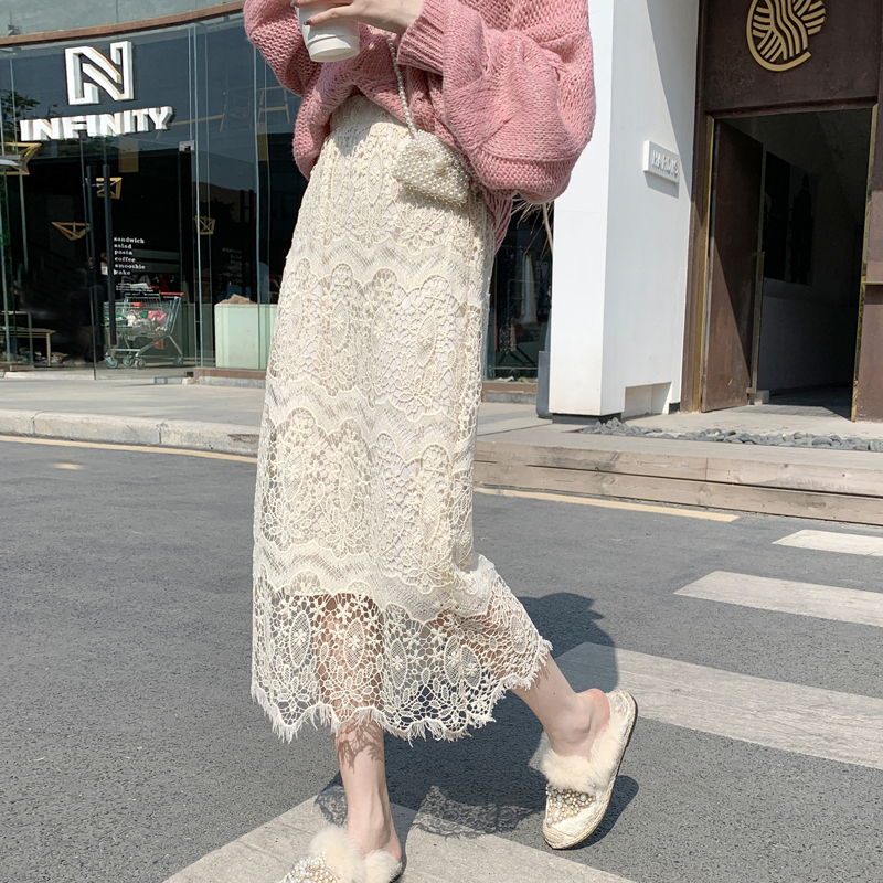 蕾丝半身裙2024秋冬装松紧腰镂空气质女中长款显瘦A字裙网纱裙子