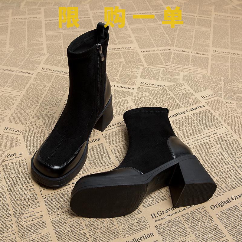 红蜻蜓牌软皮高跟靴子女秋冬2023新款韩系小踝靴今年流行的洋气gh