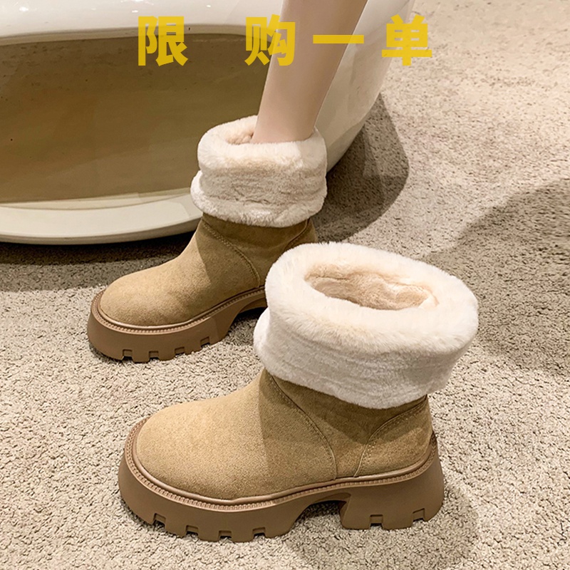 厚底雪地靴女2023新款冬季小个子防滑加绒加厚东北大棉鞋复古短靴