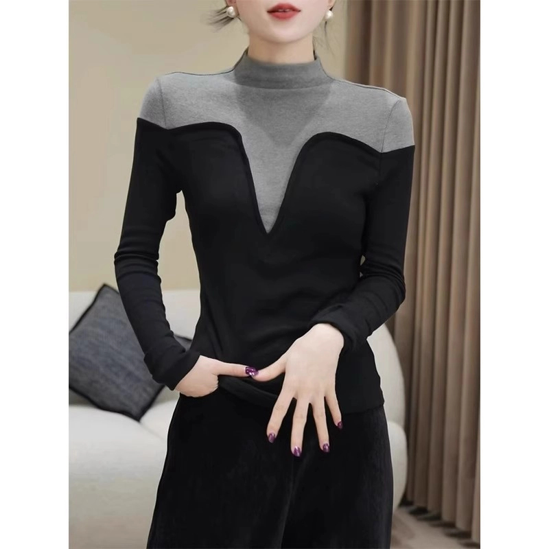 半高领拼接长袖t恤女2024新款秋季洋气内搭打底衫修身显瘦上衣服