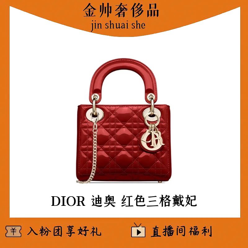 99新 DIOR/迪奥 车厘子红/漆皮三格戴妃/手提包/B5671